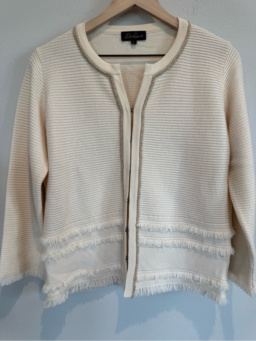 Luisa Spagnoli Cream Virgin Wool Cardigan Fringe Trim Hook Closure Quiet Luxury